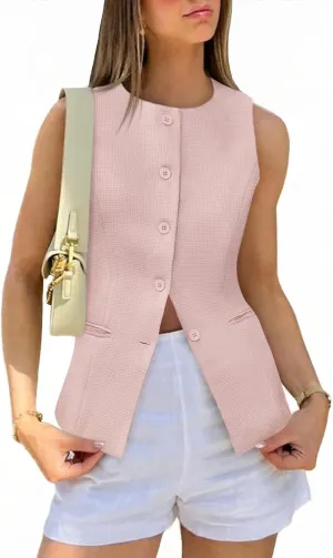 Tankaneo Womens Tweed Sleeveless Vest Crew Neck Button Down Fitted Blazer Vest Tops Work Casual Waistcoat