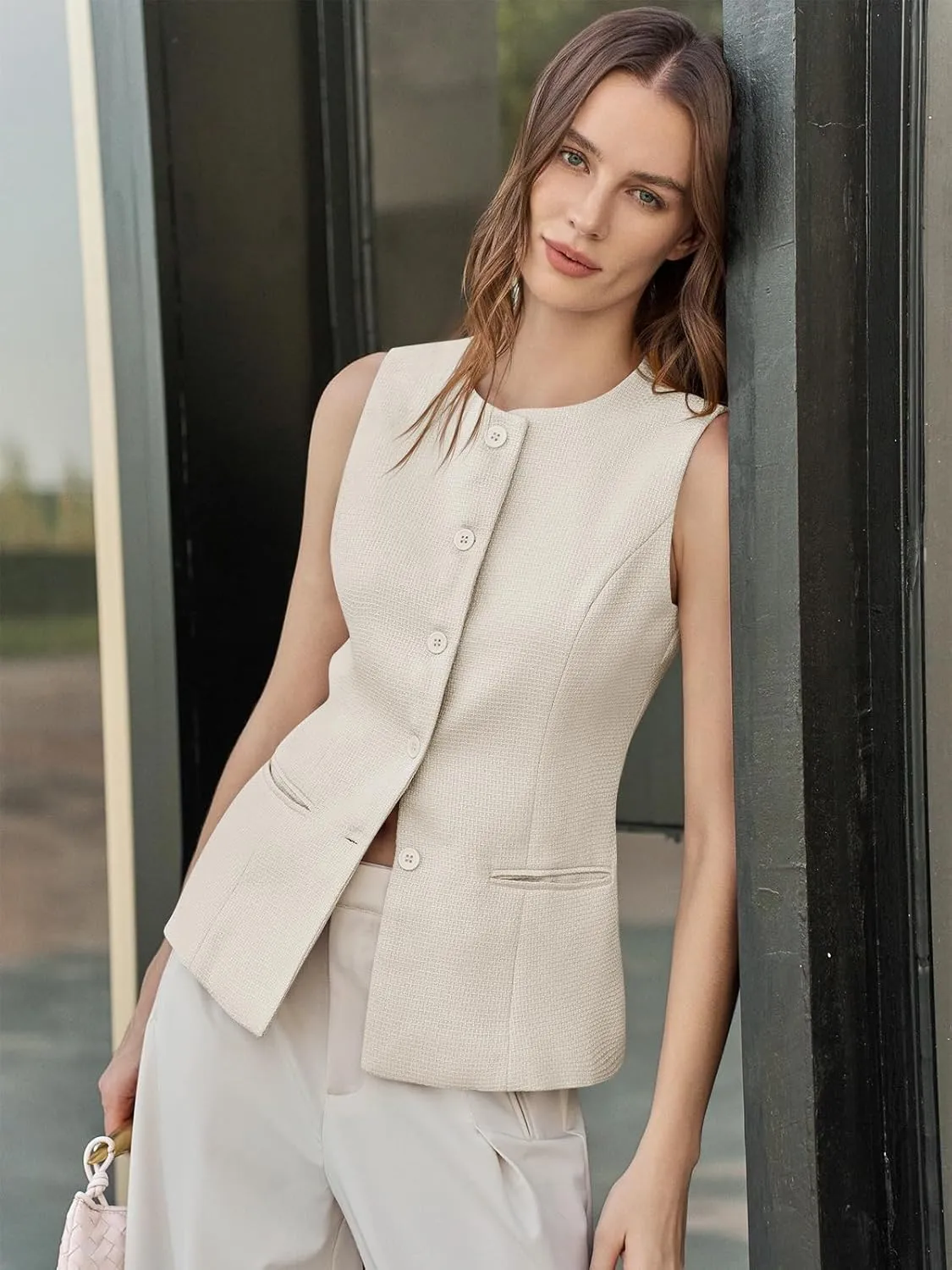 Tankaneo Womens Tweed Sleeveless Vest Crew Neck Button Down Fitted Blazer Vest Tops Work Casual Waistcoat