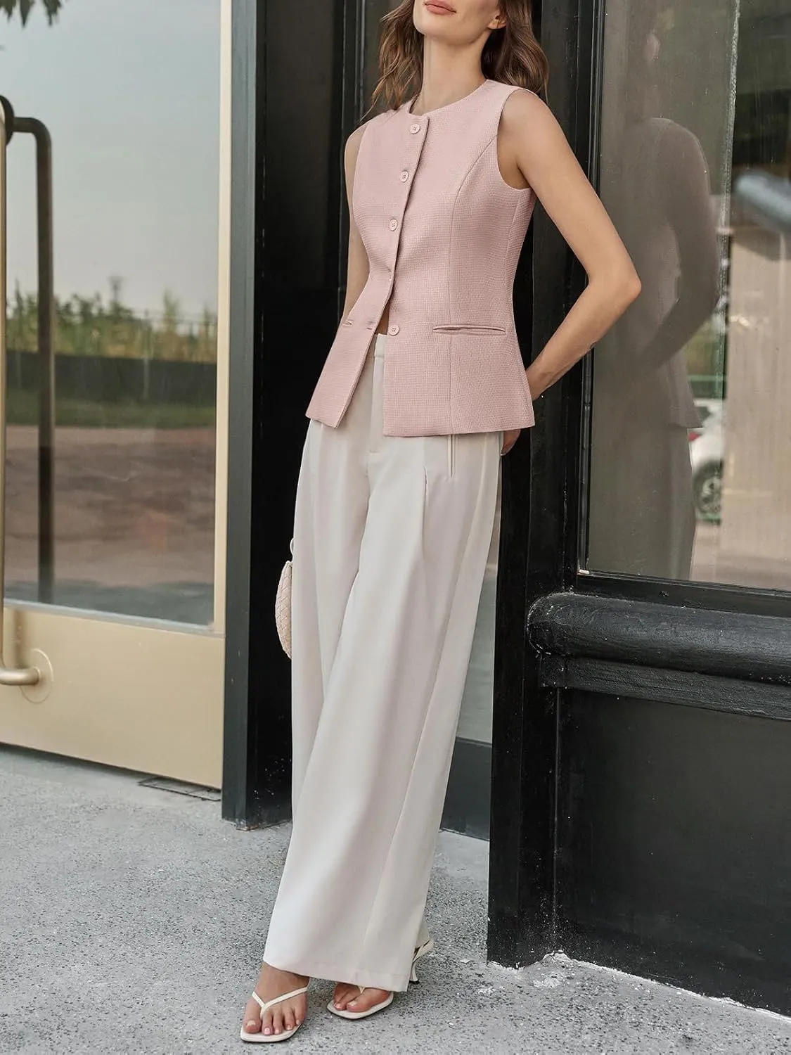 Tankaneo Womens Tweed Sleeveless Vest Crew Neck Button Down Fitted Blazer Vest Tops Work Casual Waistcoat