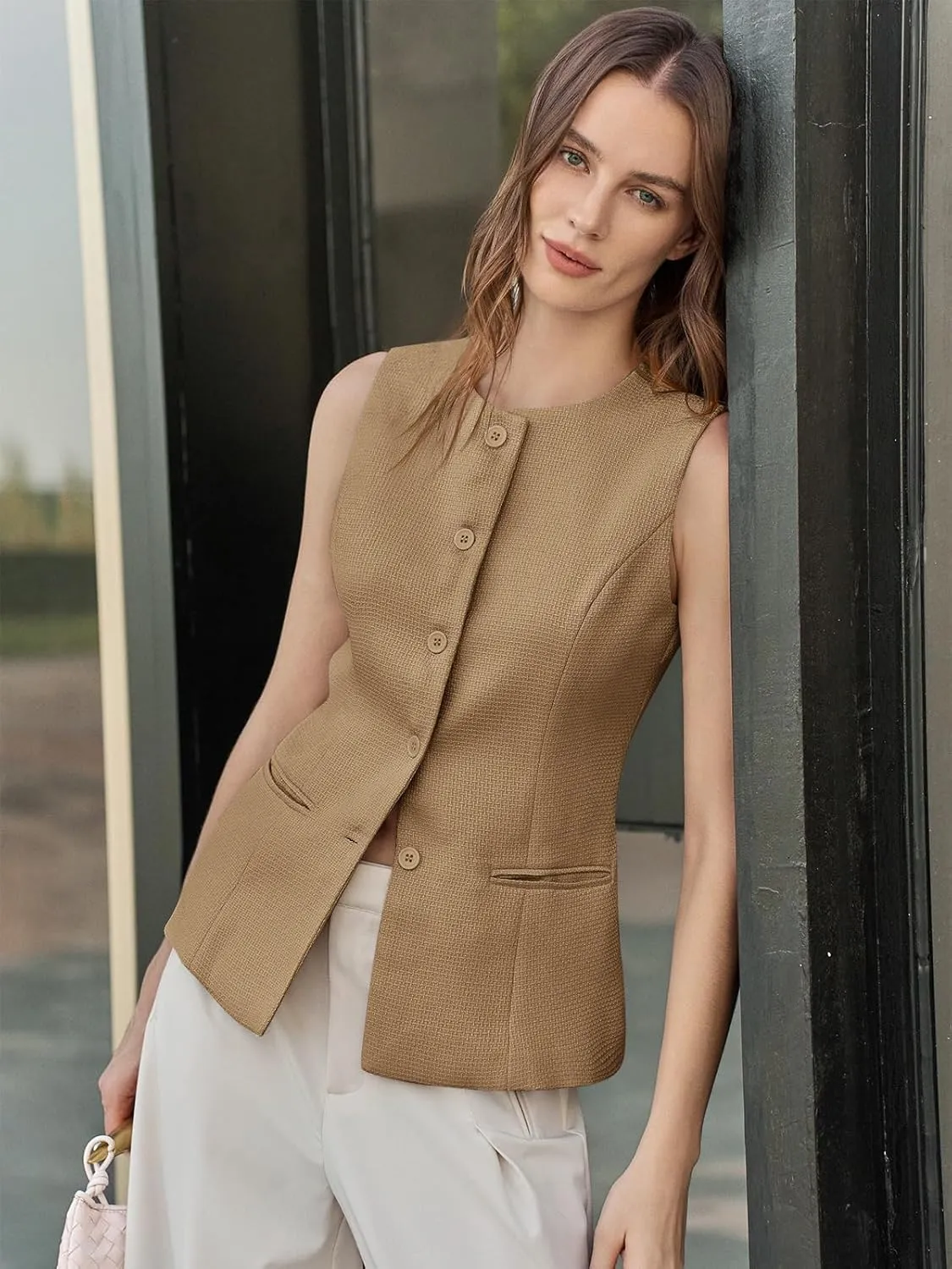 Tankaneo Womens Tweed Sleeveless Vest Crew Neck Button Down Fitted Blazer Vest Tops Work Casual Waistcoat