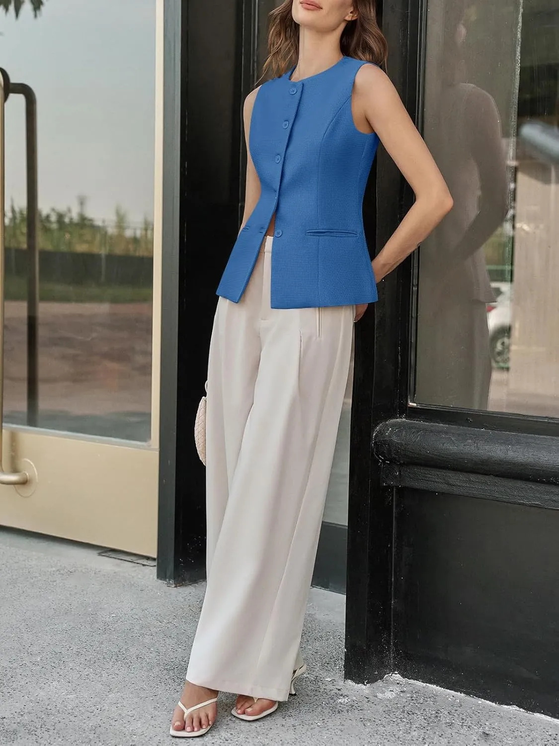 Tankaneo Womens Tweed Sleeveless Vest Crew Neck Button Down Fitted Blazer Vest Tops Work Casual Waistcoat