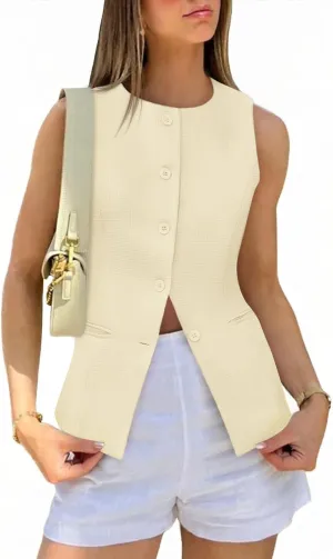 Tankaneo Womens Tweed Sleeveless Vest Crew Neck Button Down Fitted Blazer Vest Tops Work Casual Waistcoat