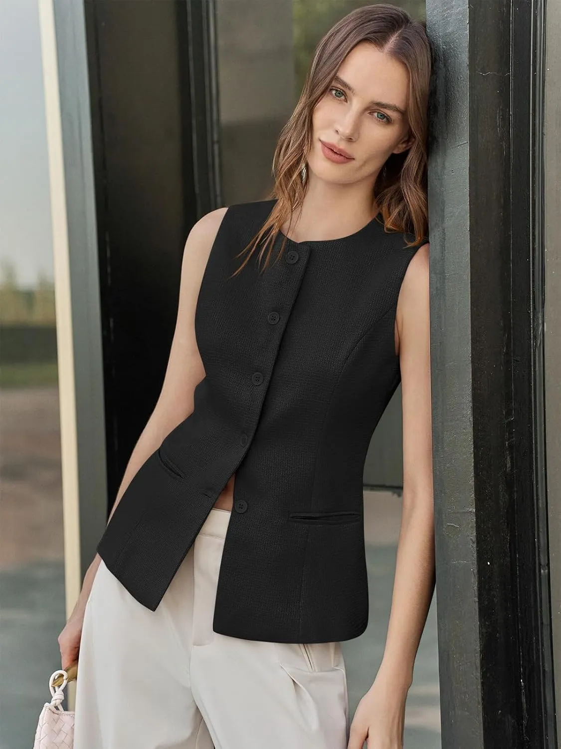 Tankaneo Womens Tweed Sleeveless Vest Crew Neck Button Down Fitted Blazer Vest Tops Work Casual Waistcoat