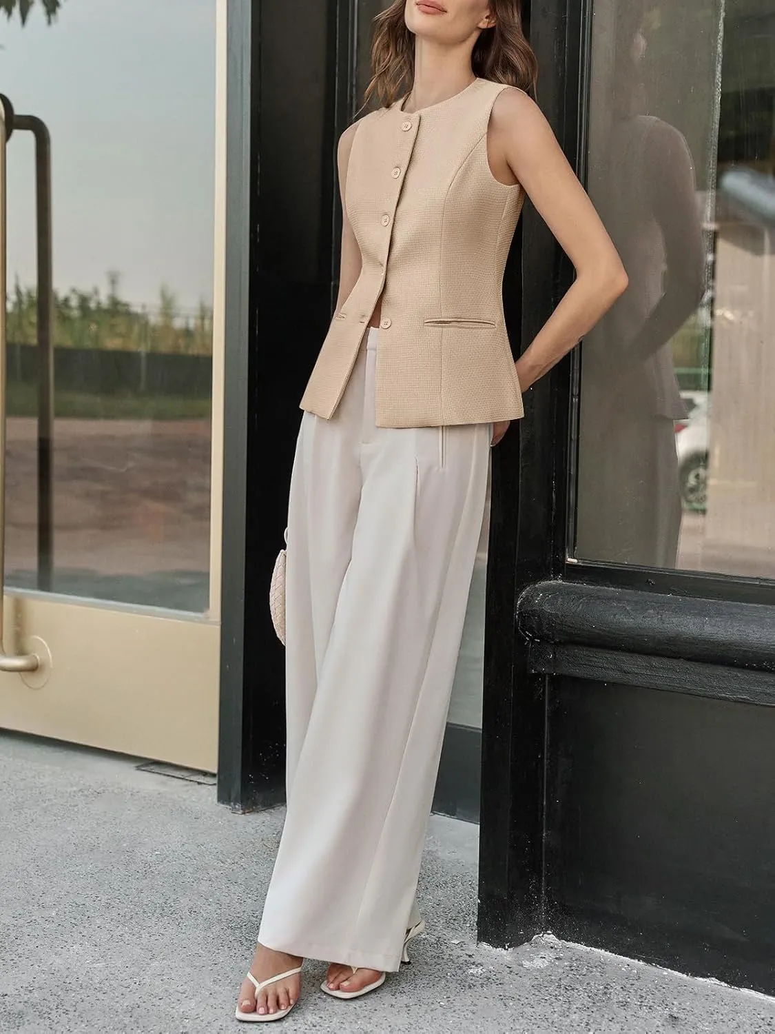 Tankaneo Womens Tweed Sleeveless Vest Crew Neck Button Down Fitted Blazer Vest Tops Work Casual Waistcoat