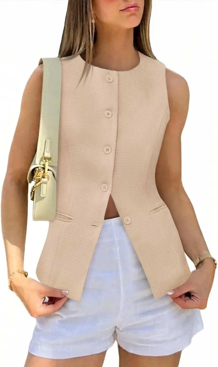 Tankaneo Womens Tweed Sleeveless Vest Crew Neck Button Down Fitted Blazer Vest Tops Work Casual Waistcoat