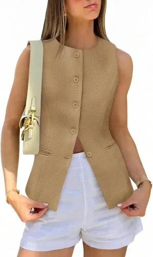 Tankaneo Womens Tweed Sleeveless Vest Crew Neck Button Down Fitted Blazer Vest Tops Work Casual Waistcoat
