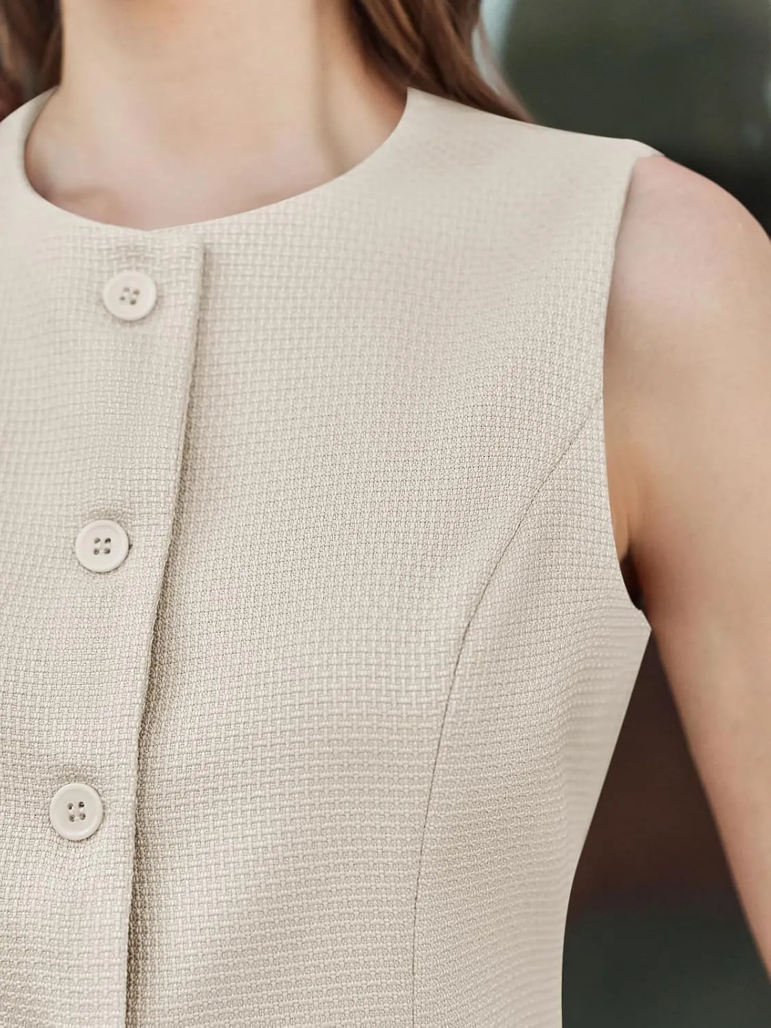 Tankaneo Womens Tweed Sleeveless Vest Crew Neck Button Down Fitted Blazer Vest Tops Work Casual Waistcoat