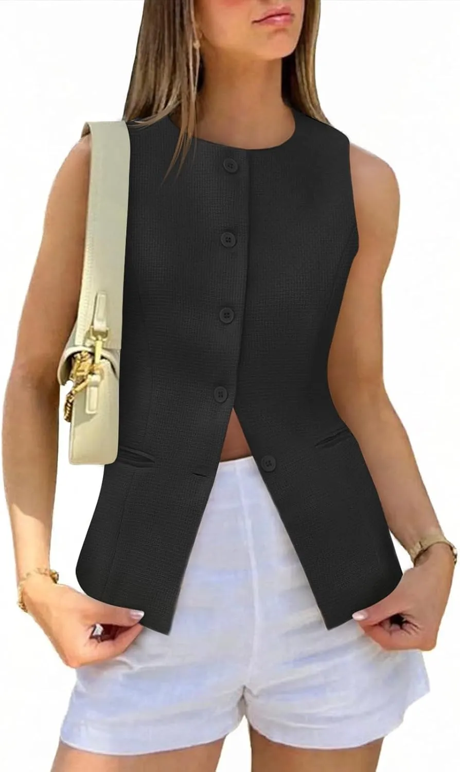 Tankaneo Womens Tweed Sleeveless Vest Crew Neck Button Down Fitted Blazer Vest Tops Work Casual Waistcoat