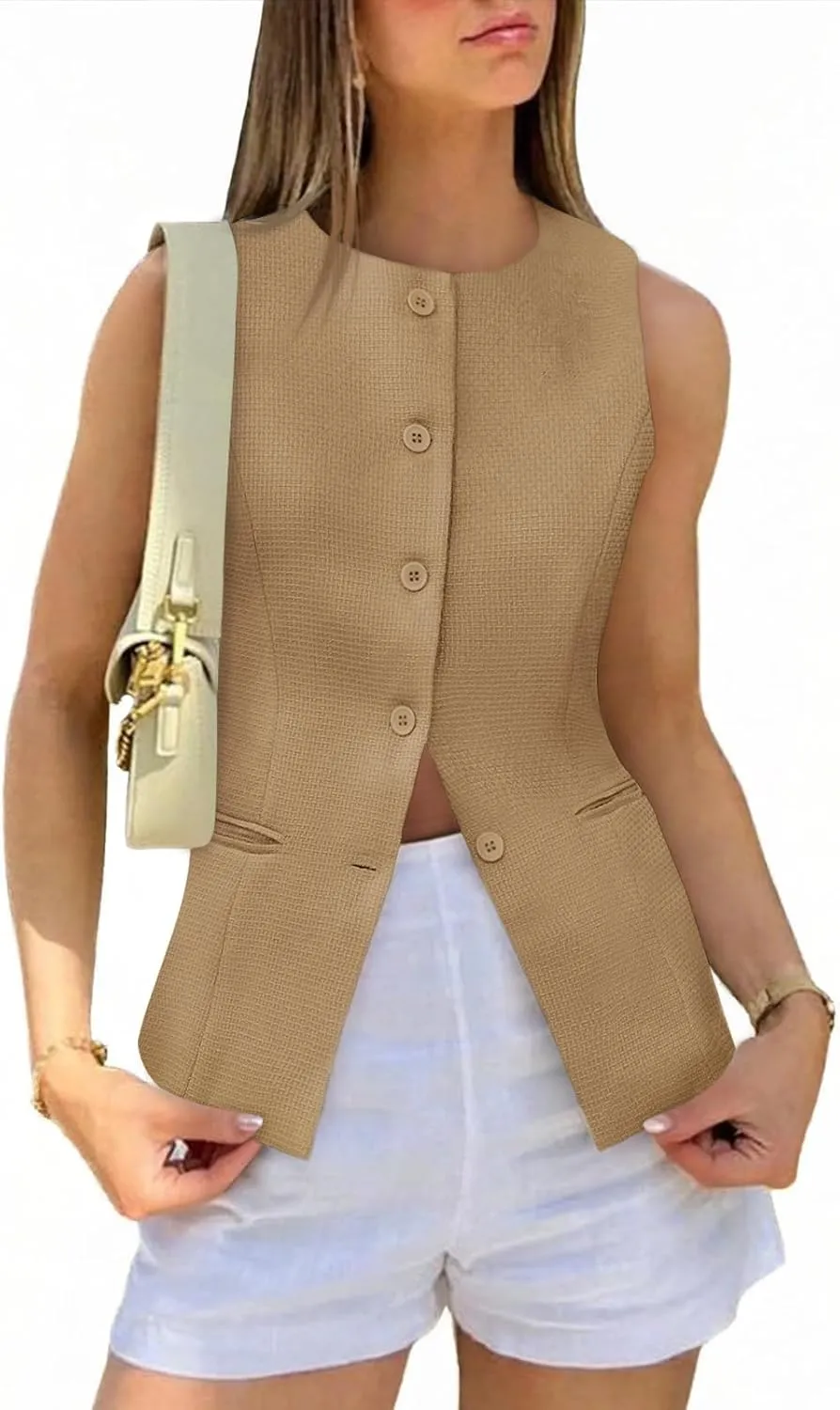 Tankaneo Womens Tweed Sleeveless Vest Crew Neck Button Down Fitted Blazer Vest Tops Work Casual Waistcoat