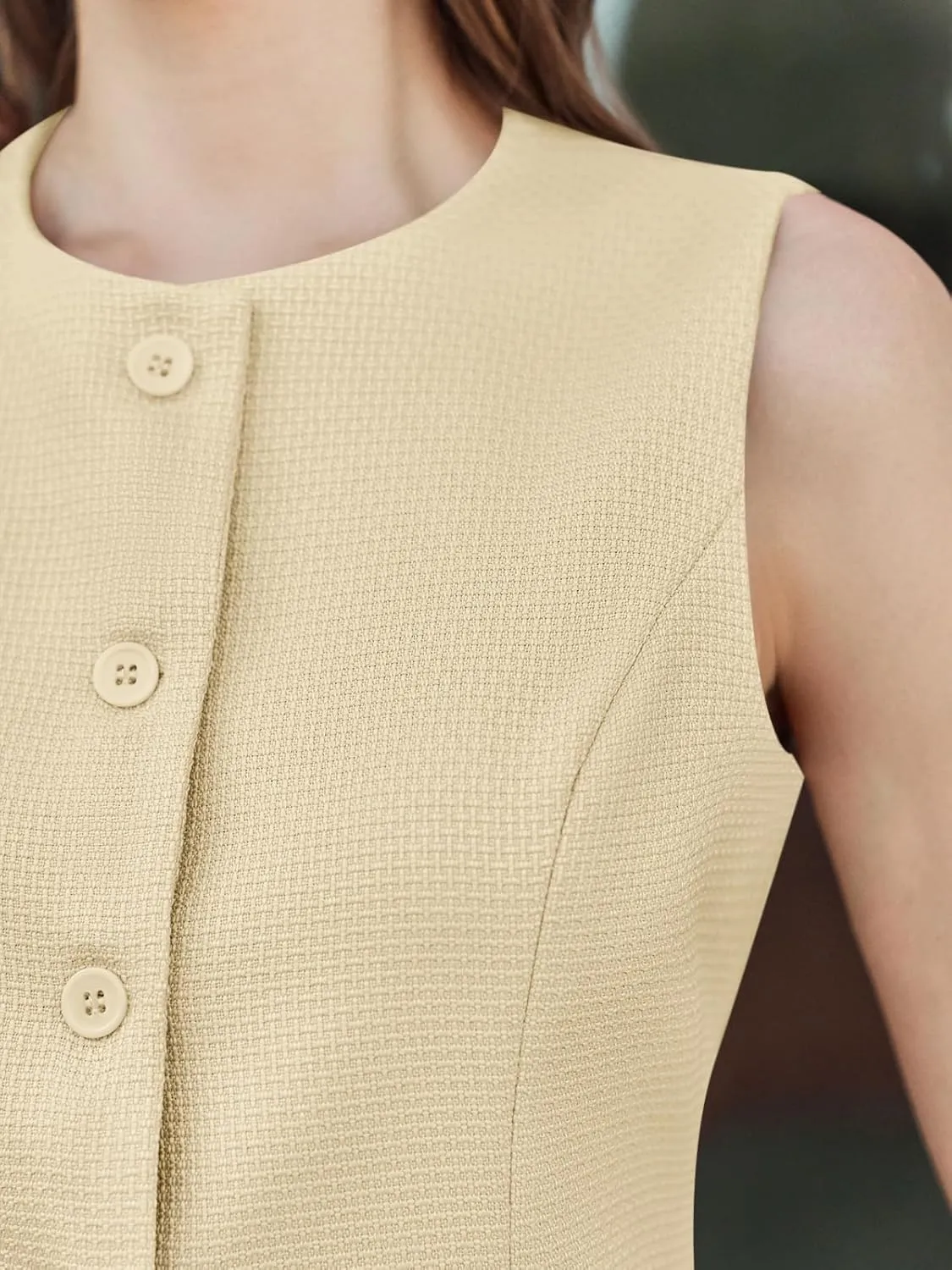 Tankaneo Womens Tweed Sleeveless Vest Crew Neck Button Down Fitted Blazer Vest Tops Work Casual Waistcoat