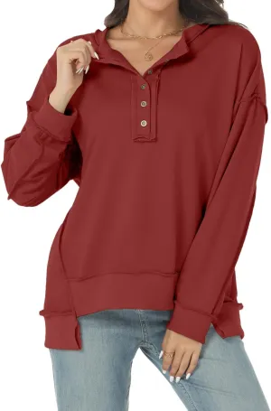 Tanou Women's 2024 Oversized Sweatshirts Long Sleeve Button Up Hoodies Henley V Neck Casual Pullover Hooded Tunic