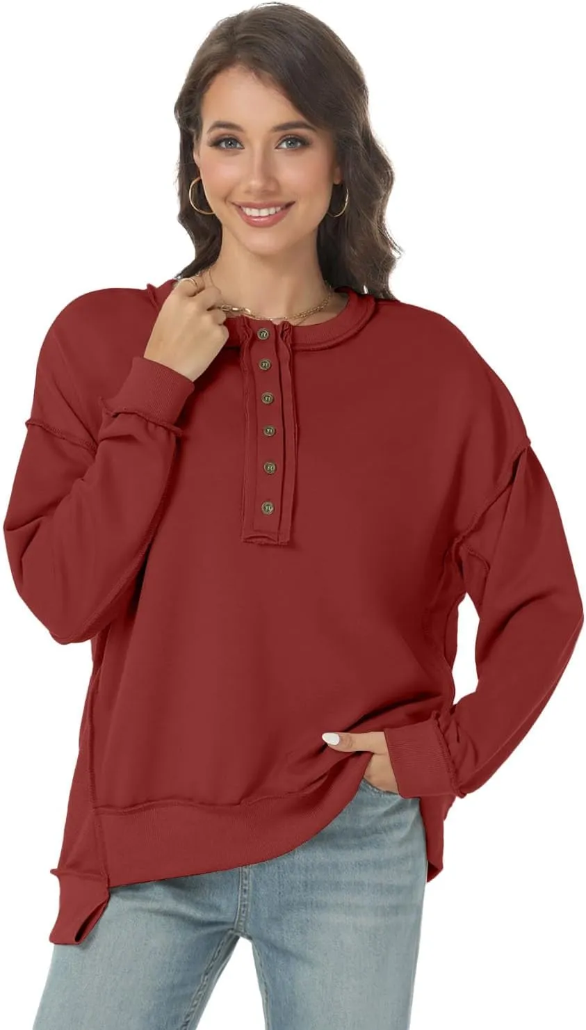 Tanou Women's 2024 Oversized Sweatshirts Long Sleeve Button Up Hoodies Henley V Neck Casual Pullover Hooded Tunic