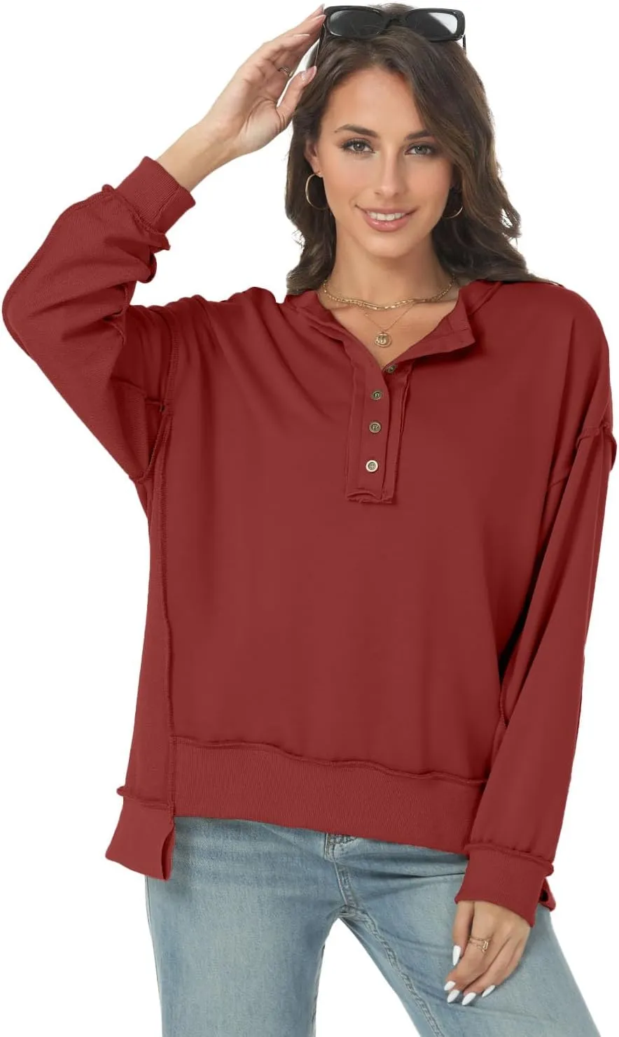 Tanou Women's 2024 Oversized Sweatshirts Long Sleeve Button Up Hoodies Henley V Neck Casual Pullover Hooded Tunic