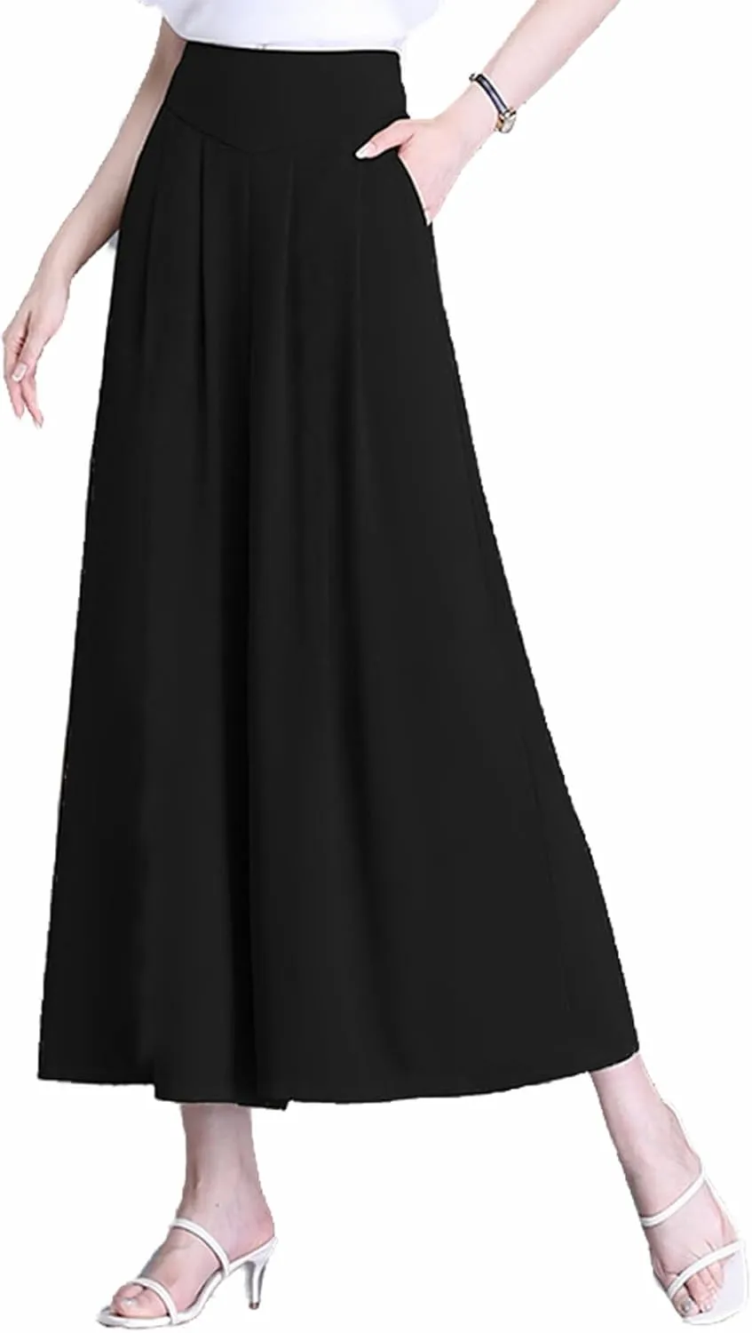 ThCreasa Womens Solid Back Elastic Waist Culottes Pants Cotton Linen Wide Leg Palazzo Cropped Trousers with Pockets