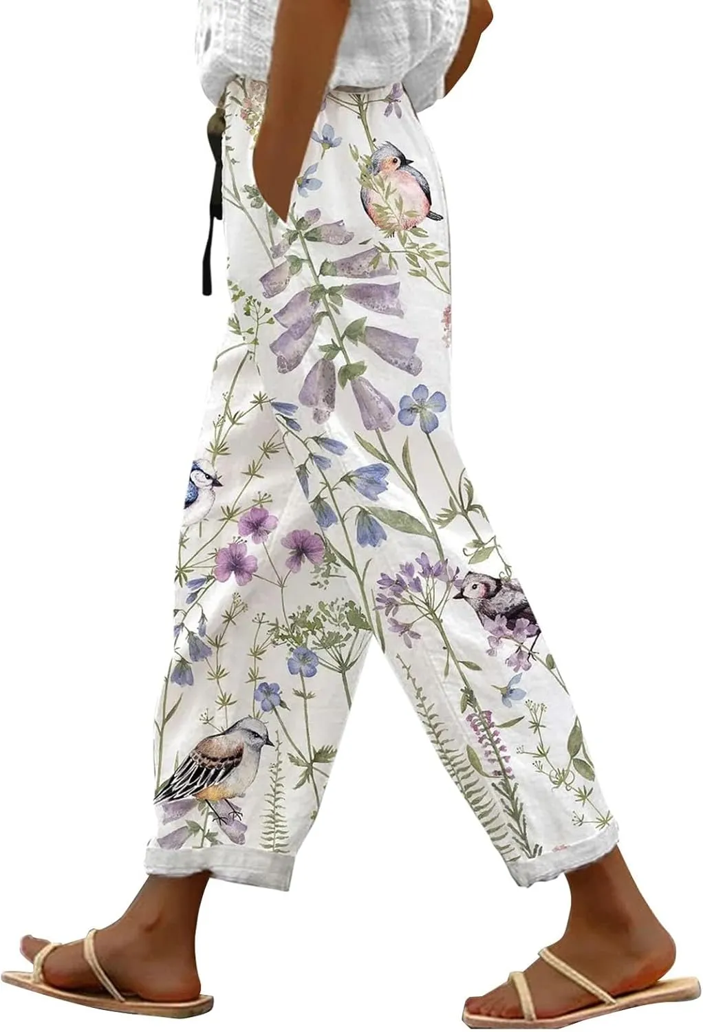 Today Deals Linen Pants Women Summer 2024 Striped Casual Elastic High Waist Straight Leg Loose Boho Trendy Trousers Cropped Trouser, Large, Women1-white
