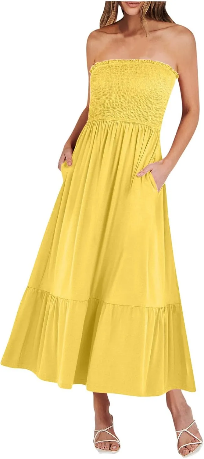 Tube Top Dress for Women Summer Solid Strapless Smocked Off Shoulder Boho Beach Dress Flowy Ruffle Long Maxi Dresses