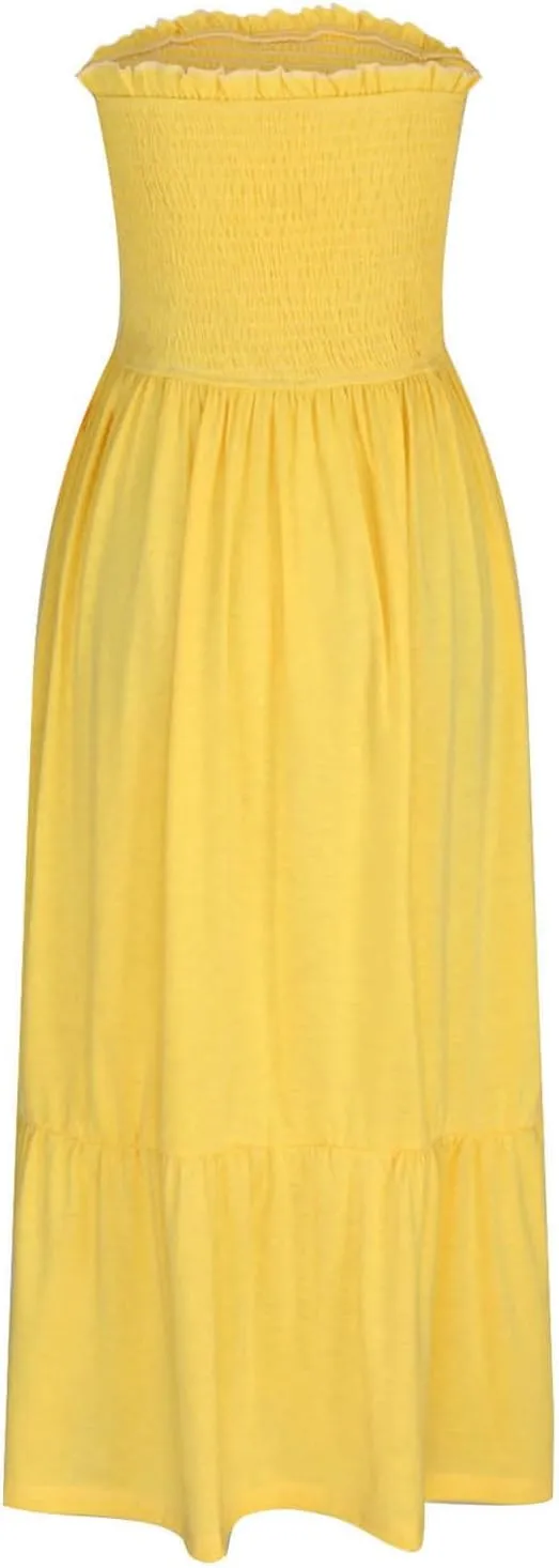 Tube Top Dress for Women Summer Solid Strapless Smocked Off Shoulder Boho Beach Dress Flowy Ruffle Long Maxi Dresses