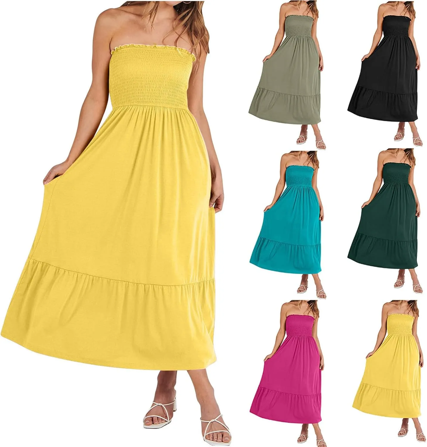 Tube Top Dress for Women Summer Solid Strapless Smocked Off Shoulder Boho Beach Dress Flowy Ruffle Long Maxi Dresses