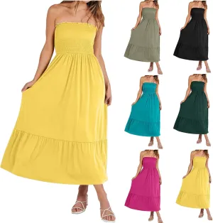 Tube Top Dress for Women Summer Solid Strapless Smocked Off Shoulder Boho Beach Dress Flowy Ruffle Long Maxi Dresses