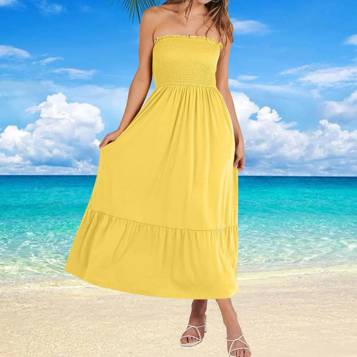 Tube Top Dress for Women Summer Solid Strapless Smocked Off Shoulder Boho Beach Dress Flowy Ruffle Long Maxi Dresses