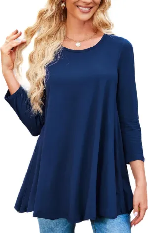 Tunic Tops for Women Plus Size 3/4 Sleeve Crew Neck Swing Flare Loose T-Shirt Blouses to Wear with Leggings