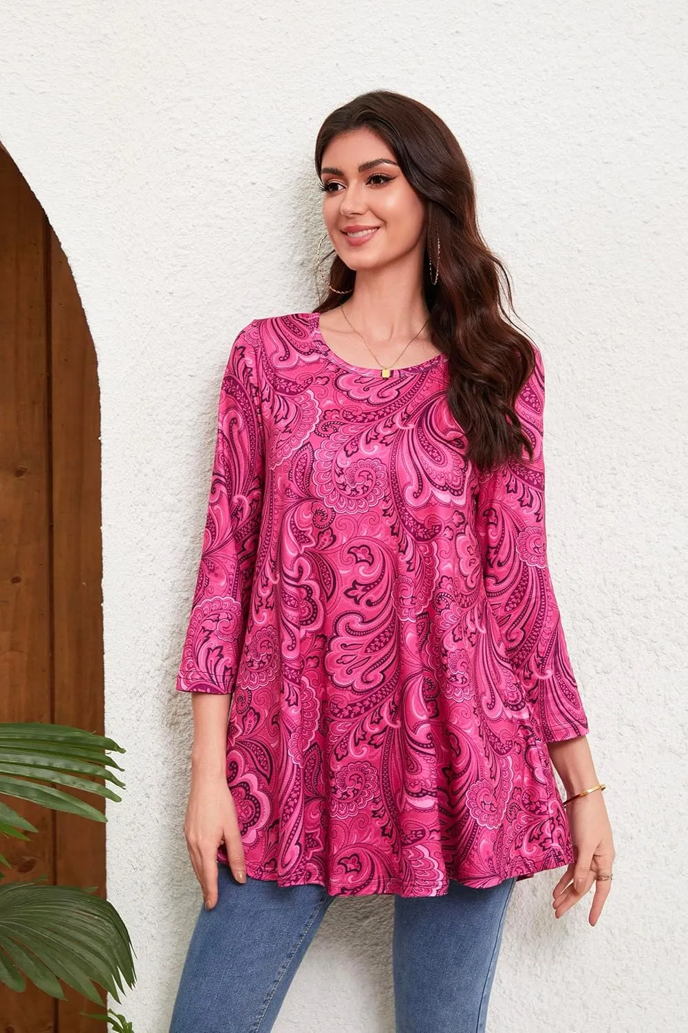 Tunic Tops for Women Plus Size 3/4 Sleeve Crew Neck Swing Flare Loose T-Shirt Blouses to Wear with Leggings