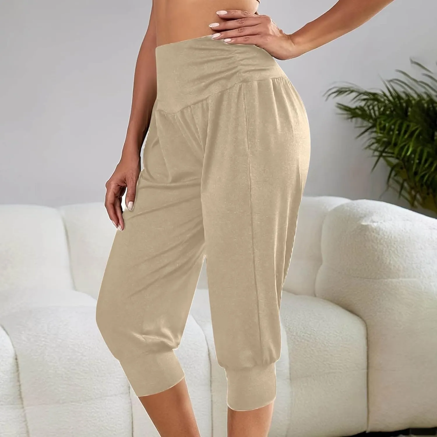 TUNUSKAT Capri Pants for Women Casual Ruched High Waist Cropped Trousers Stretchy Loose Joggers Pants Soft Lounge Sweatpants