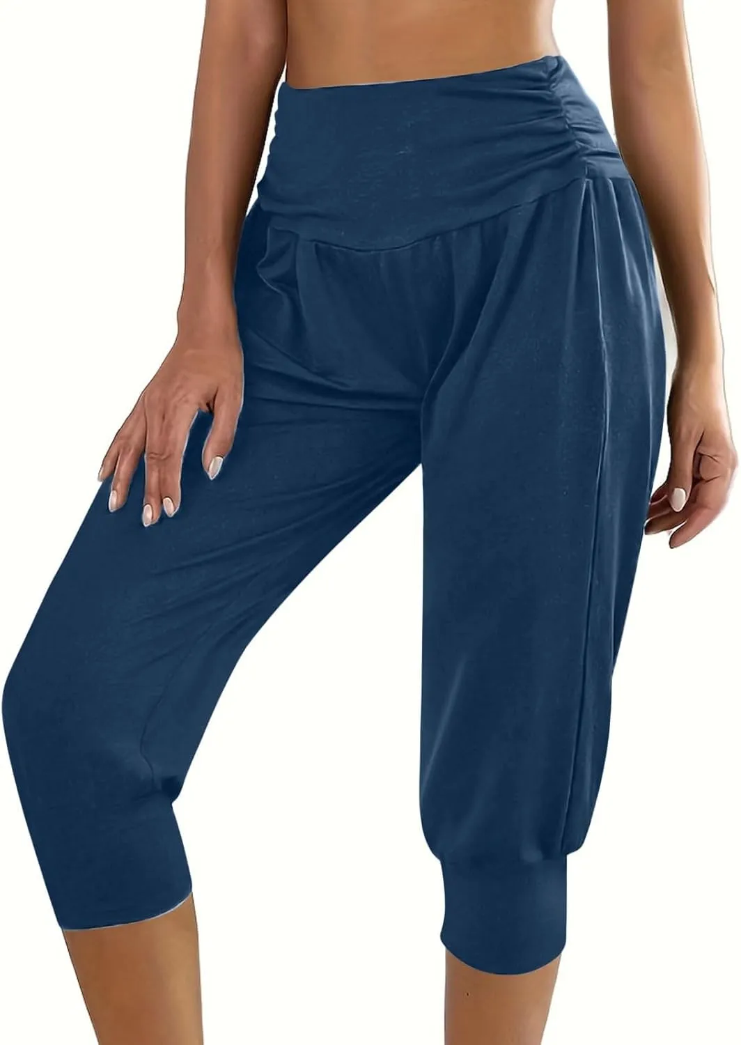 TUNUSKAT Capri Pants for Women Casual Ruched High Waist Cropped Trousers Stretchy Loose Joggers Pants Soft Lounge Sweatpants