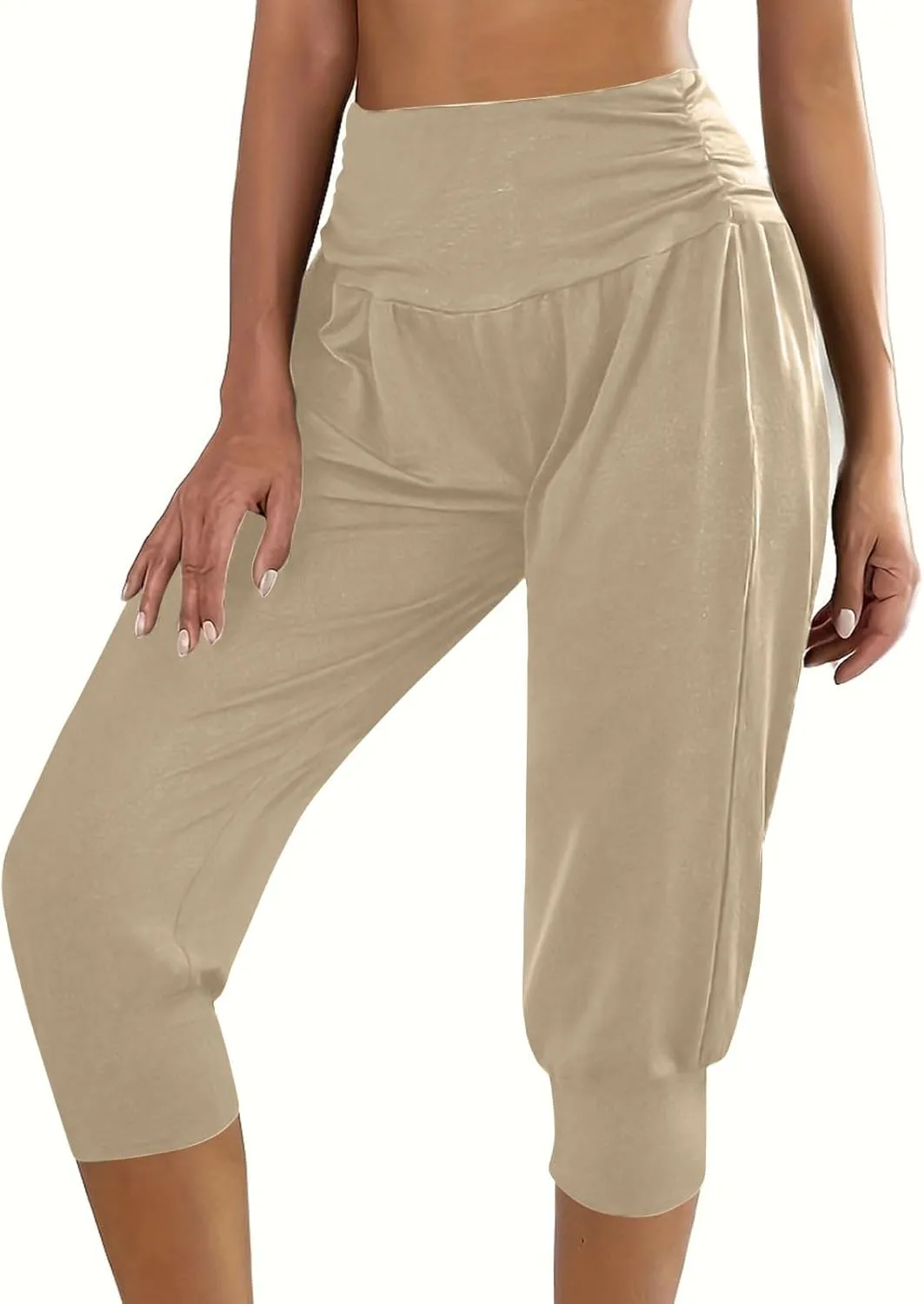 TUNUSKAT Capri Pants for Women Casual Ruched High Waist Cropped Trousers Stretchy Loose Joggers Pants Soft Lounge Sweatpants