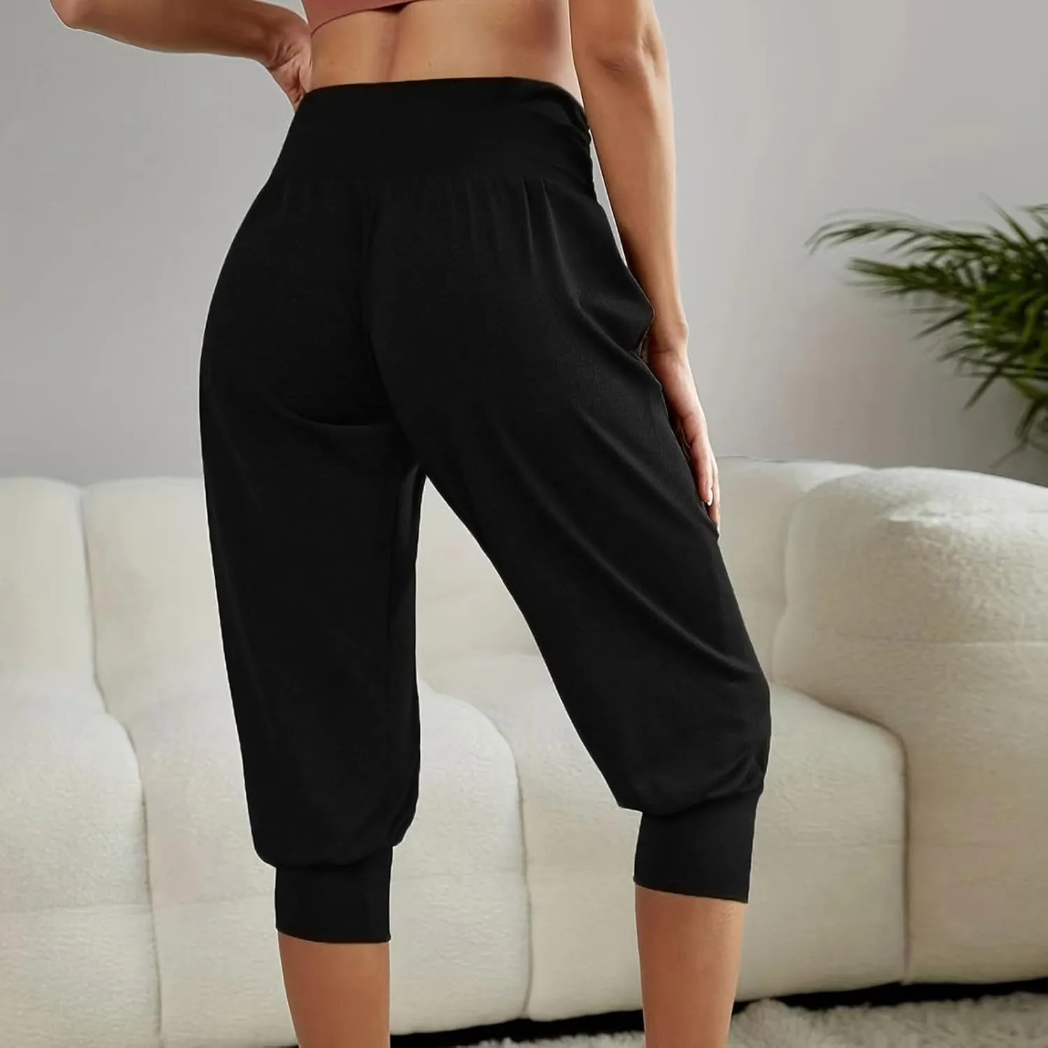 TUNUSKAT Capri Pants for Women Casual Ruched High Waist Cropped Trousers Stretchy Loose Joggers Pants Soft Lounge Sweatpants