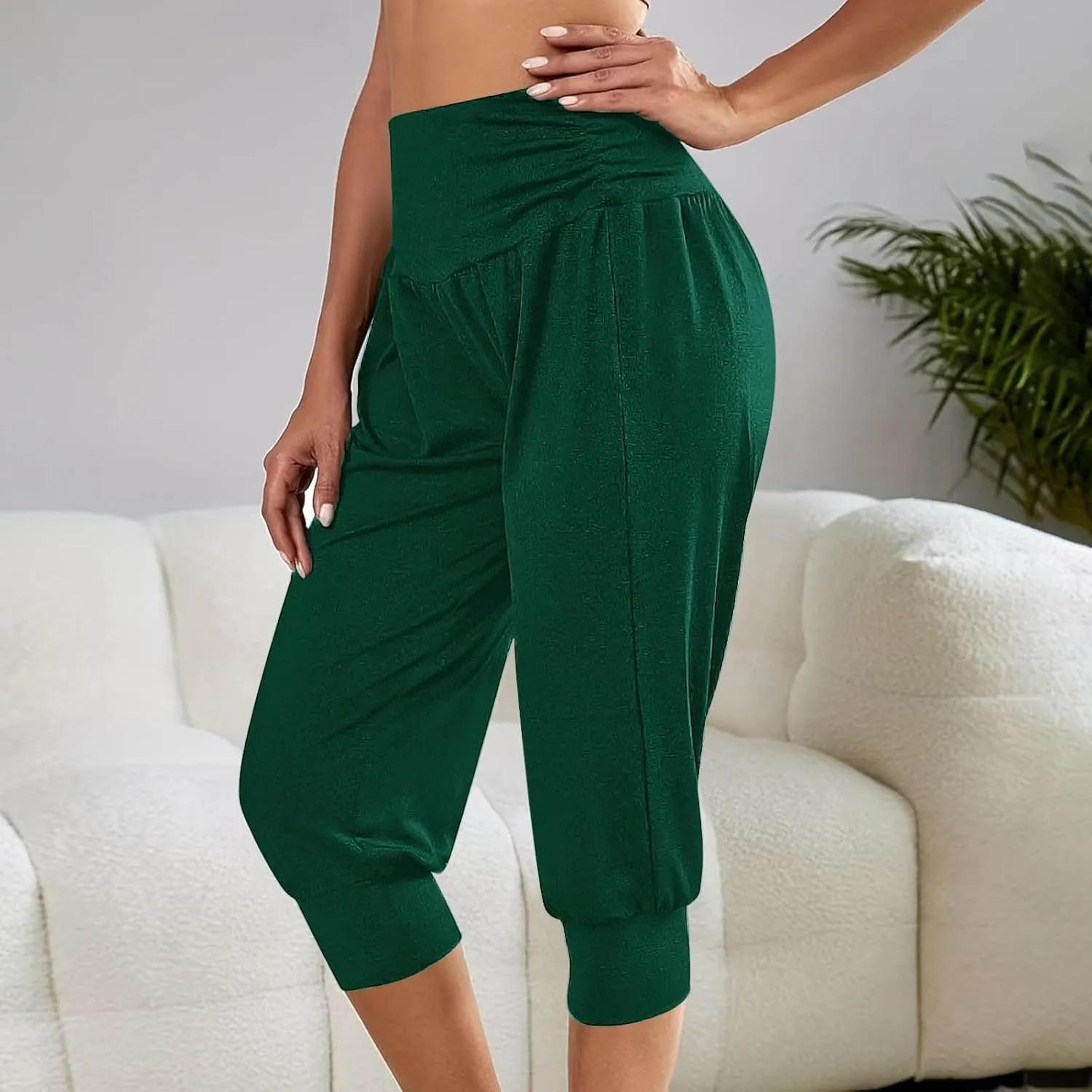 TUNUSKAT Capri Pants for Women Casual Ruched High Waist Cropped Trousers Stretchy Loose Joggers Pants Soft Lounge Sweatpants