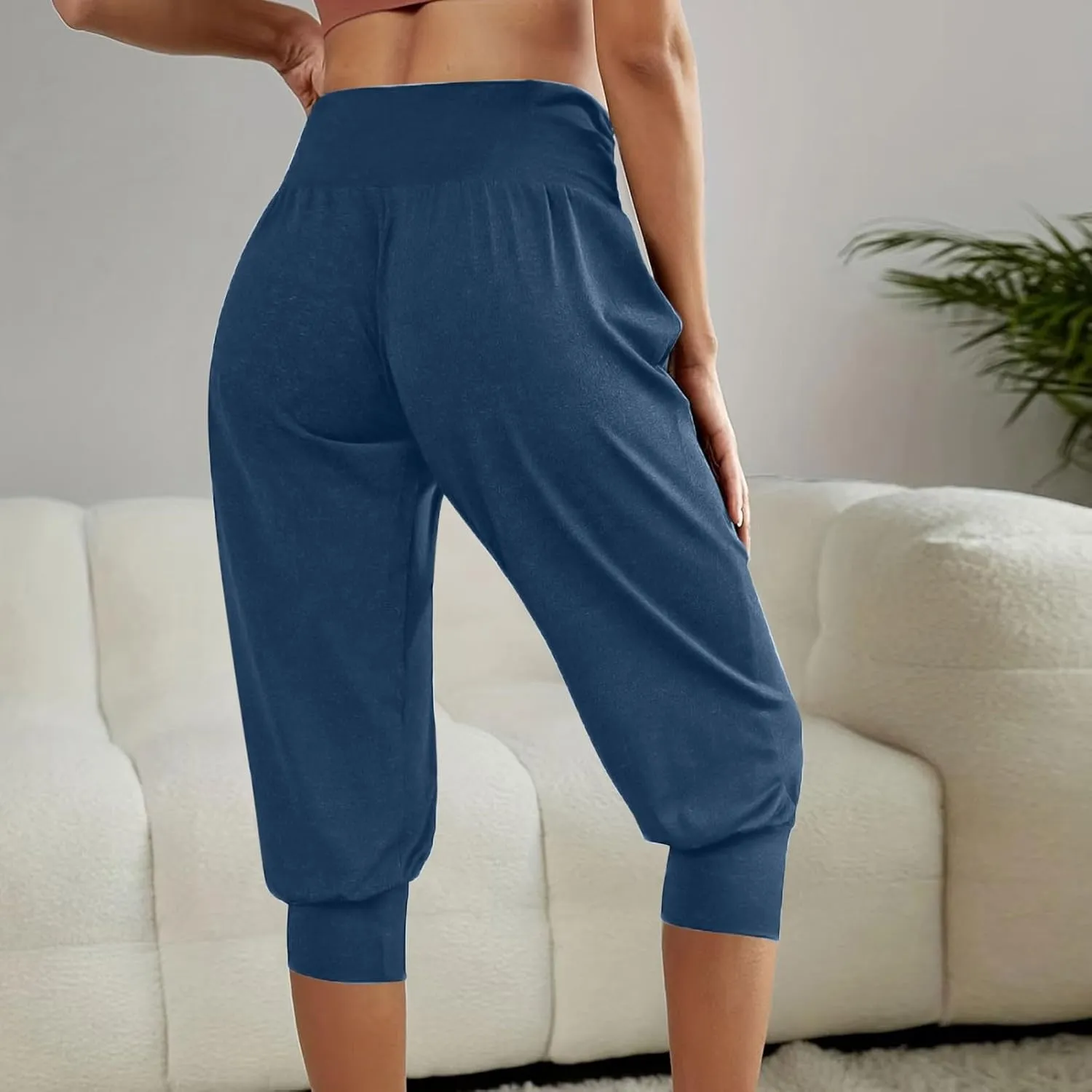 TUNUSKAT Capri Pants for Women Casual Ruched High Waist Cropped Trousers Stretchy Loose Joggers Pants Soft Lounge Sweatpants