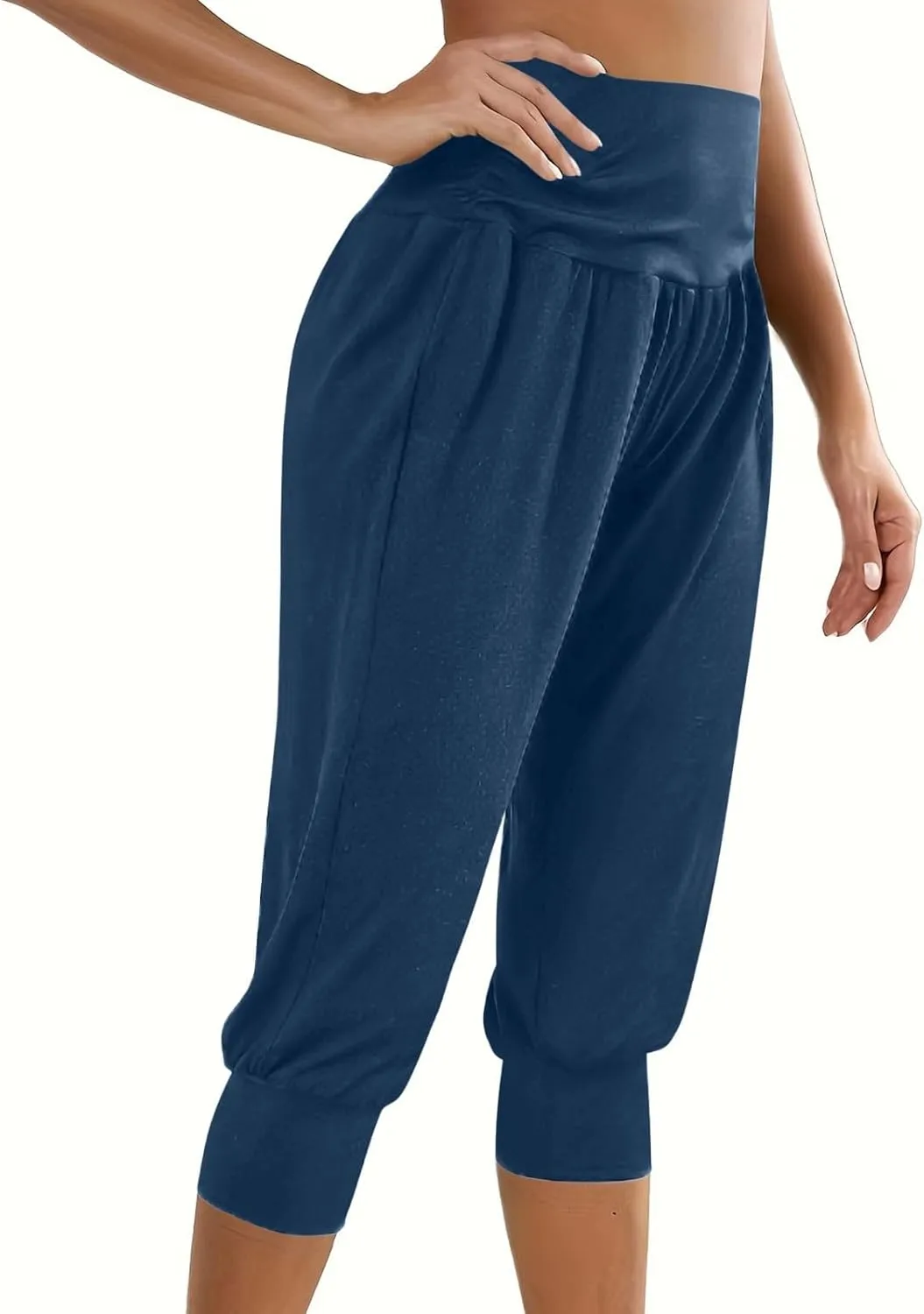 TUNUSKAT Capri Pants for Women Casual Ruched High Waist Cropped Trousers Stretchy Loose Joggers Pants Soft Lounge Sweatpants