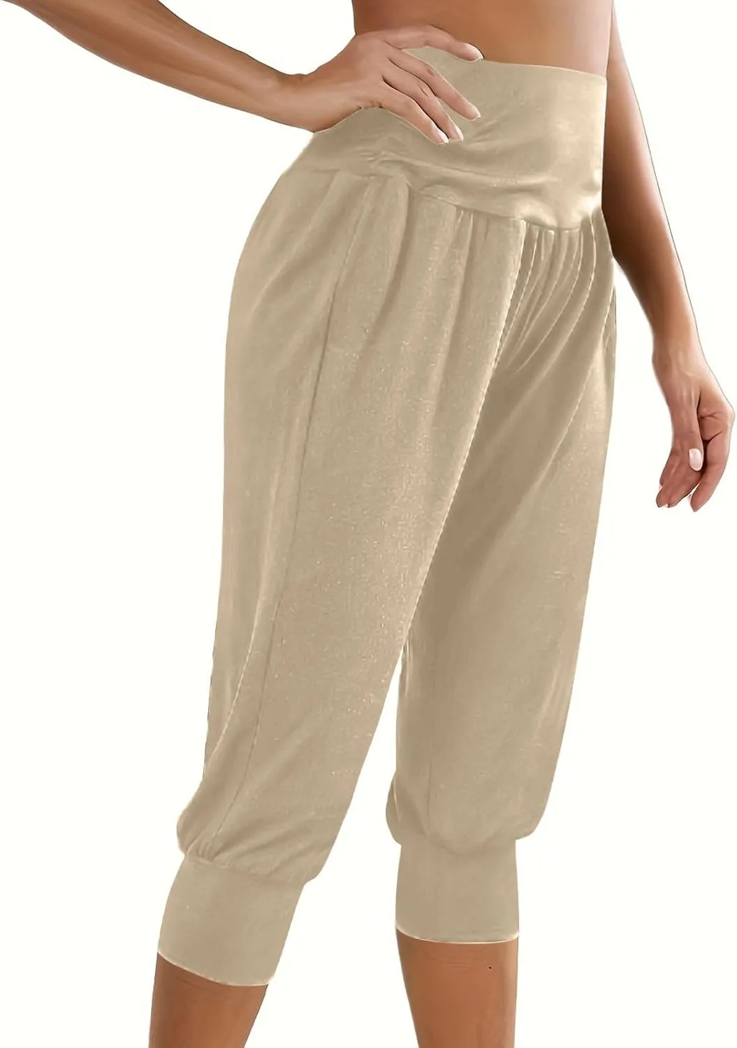 TUNUSKAT Capri Pants for Women Casual Ruched High Waist Cropped Trousers Stretchy Loose Joggers Pants Soft Lounge Sweatpants