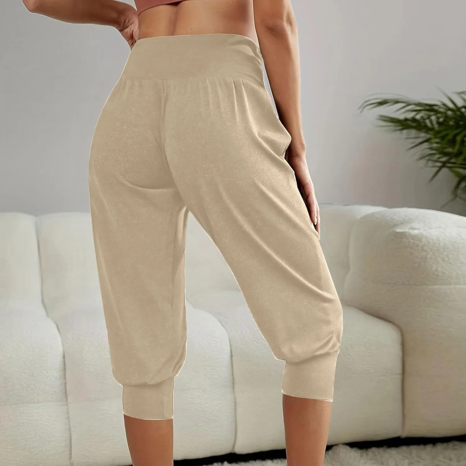 TUNUSKAT Capri Pants for Women Casual Ruched High Waist Cropped Trousers Stretchy Loose Joggers Pants Soft Lounge Sweatpants