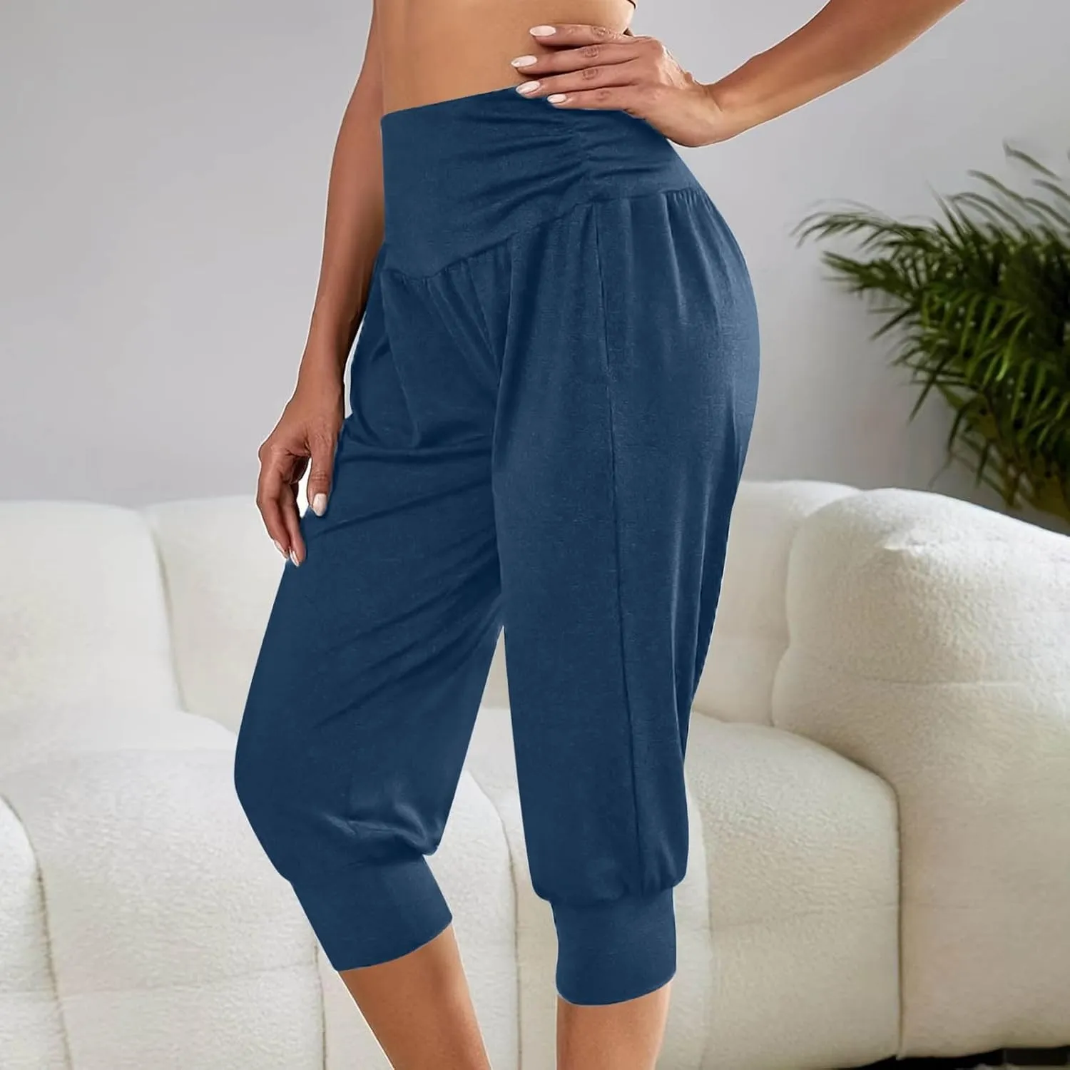 TUNUSKAT Capri Pants for Women Casual Ruched High Waist Cropped Trousers Stretchy Loose Joggers Pants Soft Lounge Sweatpants