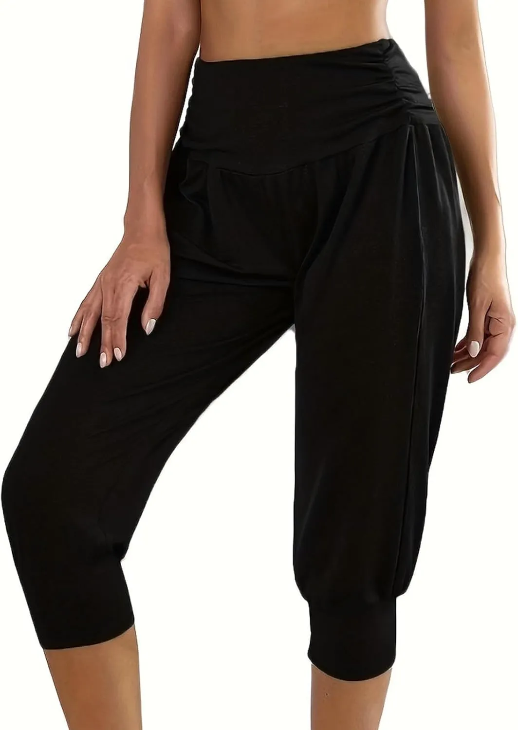 TUNUSKAT Capri Pants for Women Casual Ruched High Waist Cropped Trousers Stretchy Loose Joggers Pants Soft Lounge Sweatpants