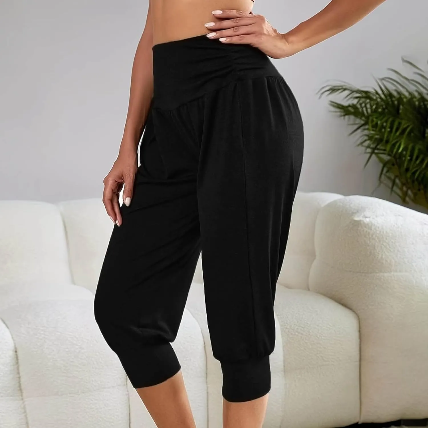 TUNUSKAT Capri Pants for Women Casual Ruched High Waist Cropped Trousers Stretchy Loose Joggers Pants Soft Lounge Sweatpants