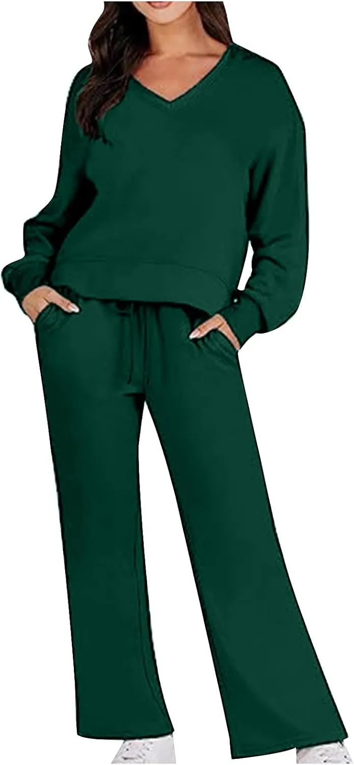 Two Piece Outfits For Women Sweatsuit Long Sleeve Sweatshirt And Wide Leg Sweatpant Lounge Set Matching Tracksuit