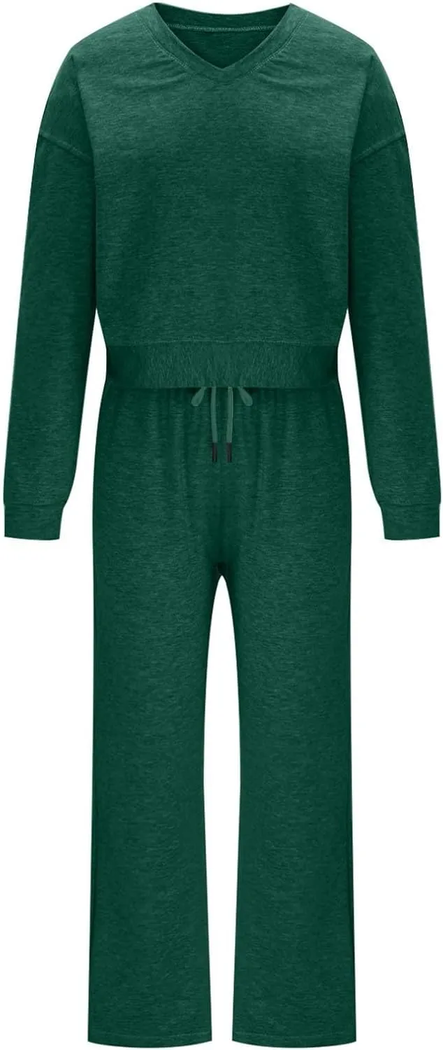 Two Piece Outfits For Women Sweatsuit Long Sleeve Sweatshirt And Wide Leg Sweatpant Lounge Set Matching Tracksuit
