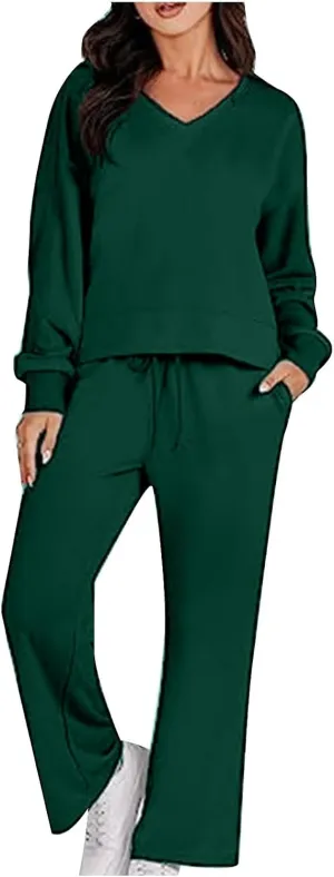 Two Piece Outfits For Women Sweatsuit Long Sleeve Sweatshirt And Wide Leg Sweatpant Lounge Set Matching Tracksuit