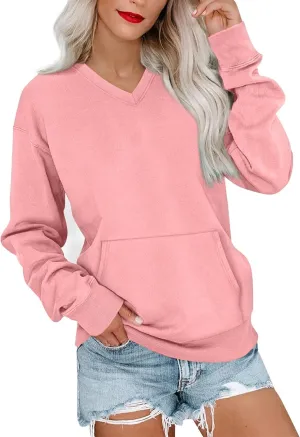 V Neck Sweatshirt Women Fleece Linen Cute Sweatshirts No Hood Comfy Oversized Hoodie with Pockets Winter Sweaters