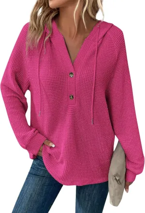 Waffle Knit Hooded Tops for Women Fall Trendy Button V Neck Pullover Sweatshirt Casual Long Sleeve Drawstring Hoodies