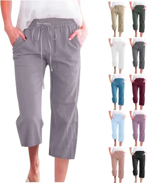 Warehouse Clearance,Capri Pants for Women Casual Summer Cotton Linen Capris Drawstring Elastic High Waist Pants Wide Leg Cropped Trouser