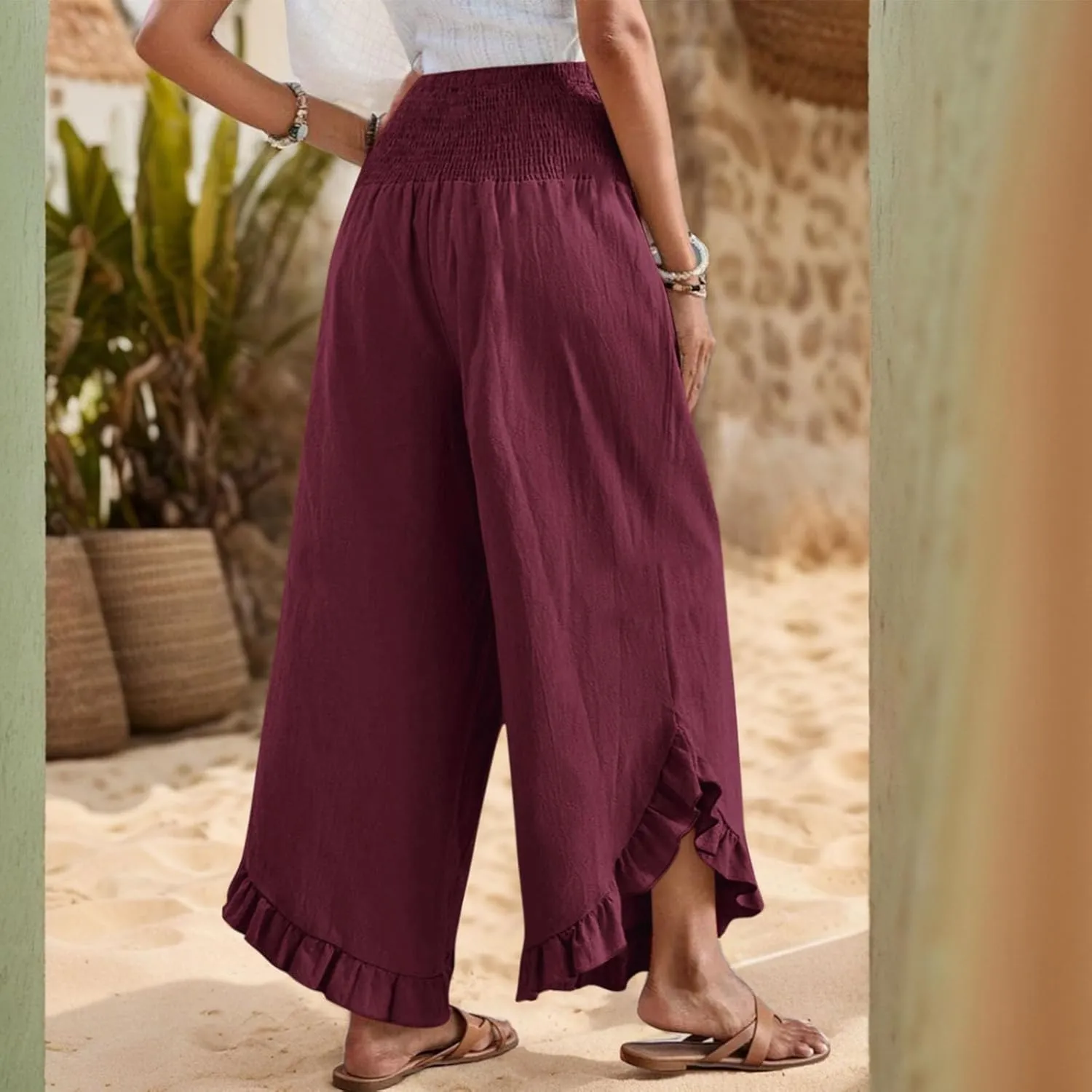 Wide Leg Linen Pants for Women Ruffle Hem Smocked High Waisted Flowy Pants Lightweight Comfy Culottes with Pockets