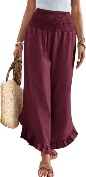 Wide Leg Linen Pants for Women Ruffle Hem Smocked High Waisted Flowy Pants Lightweight Comfy Culottes with Pockets