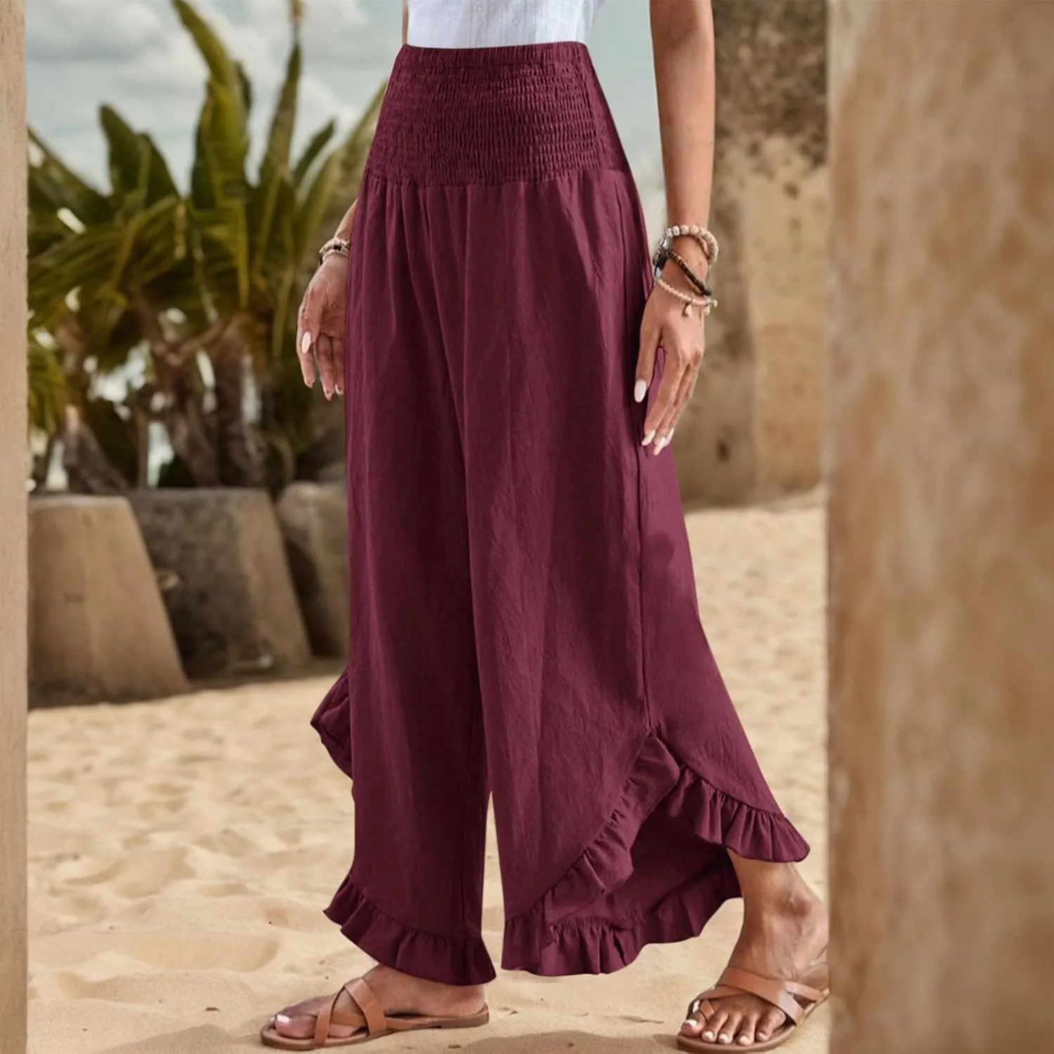 Wide Leg Linen Pants for Women Ruffle Hem Smocked High Waisted Flowy Pants Lightweight Comfy Culottes with Pockets