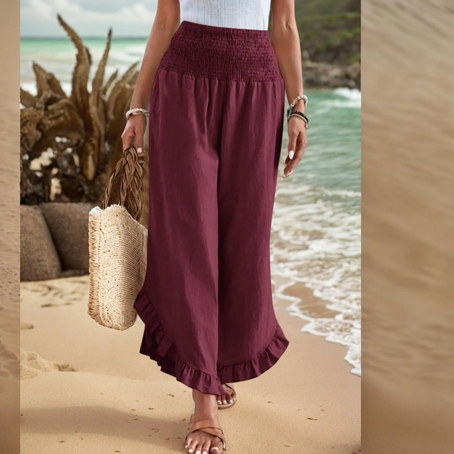 Wide Leg Linen Pants for Women Ruffle Hem Smocked High Waisted Flowy Pants Lightweight Comfy Culottes with Pockets