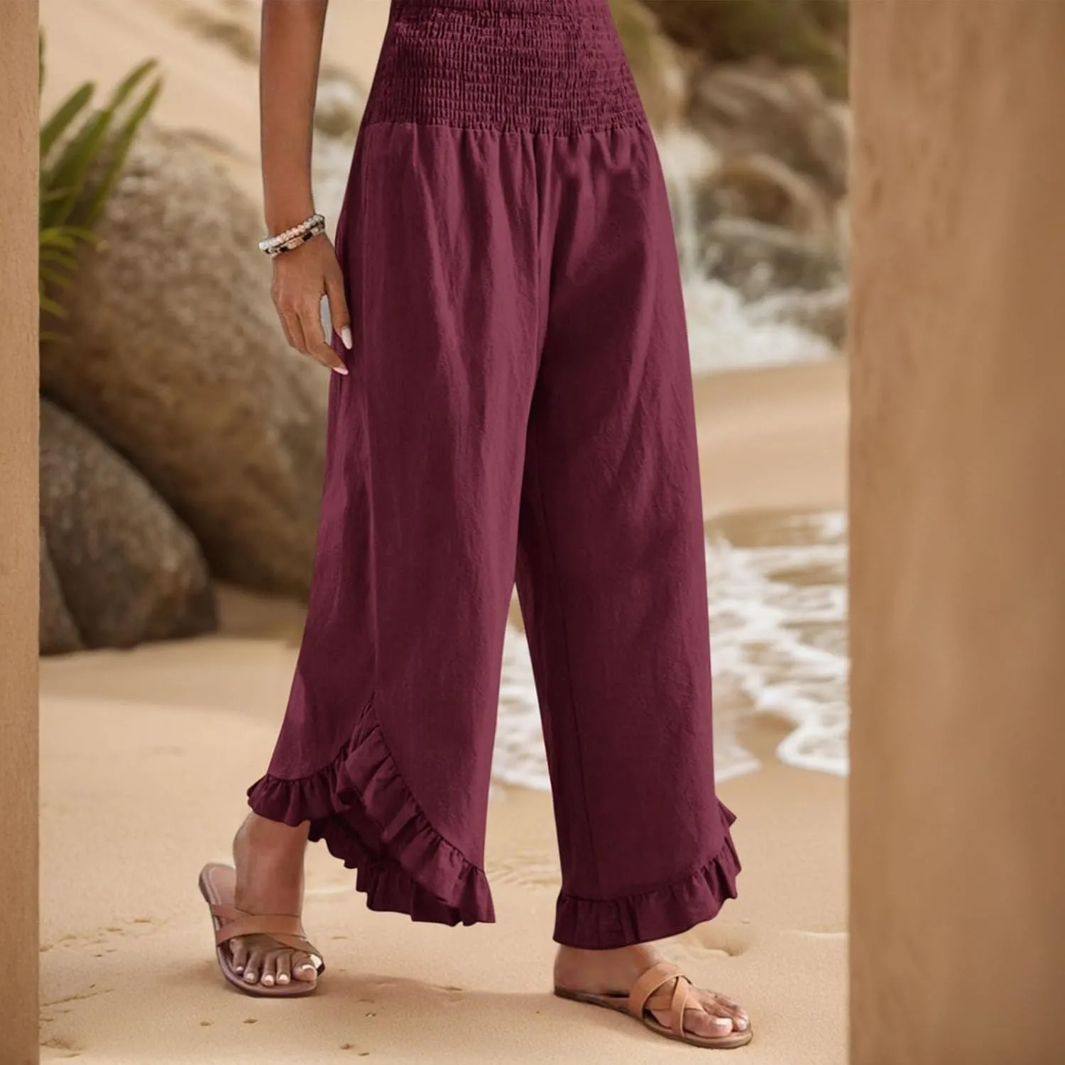 Wide Leg Linen Pants for Women Ruffle Hem Smocked High Waisted Flowy Pants Lightweight Comfy Culottes with Pockets