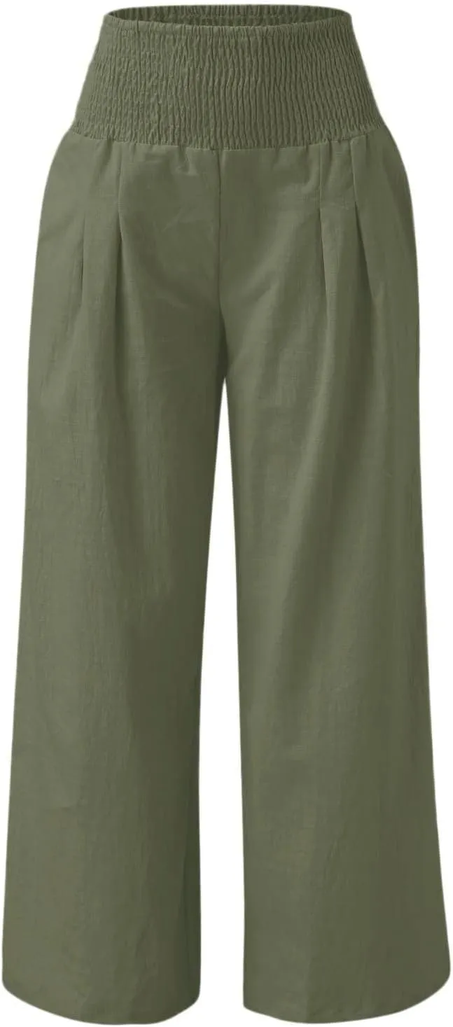Wide Leg Pants for Women Summer Palazzos Cotton Linen Smocked Beach Vacation Pants High Waisted Elegant Flowy Trousers